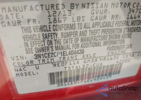 2014 Nissan Versa Note Sv из США, поврежденный, VIN 3N1CE2CP1EL404439